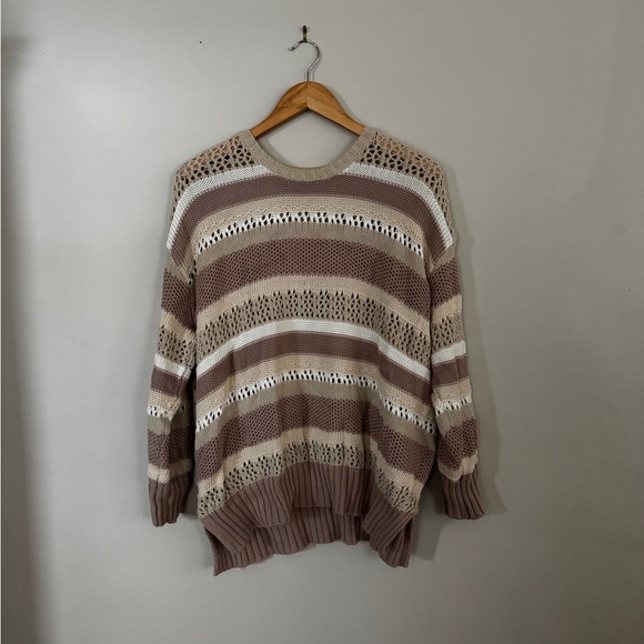 Show Me Your Mumu Yala Tan Cream Striped Crochet Sweater Tunic - Picture 2 of 8